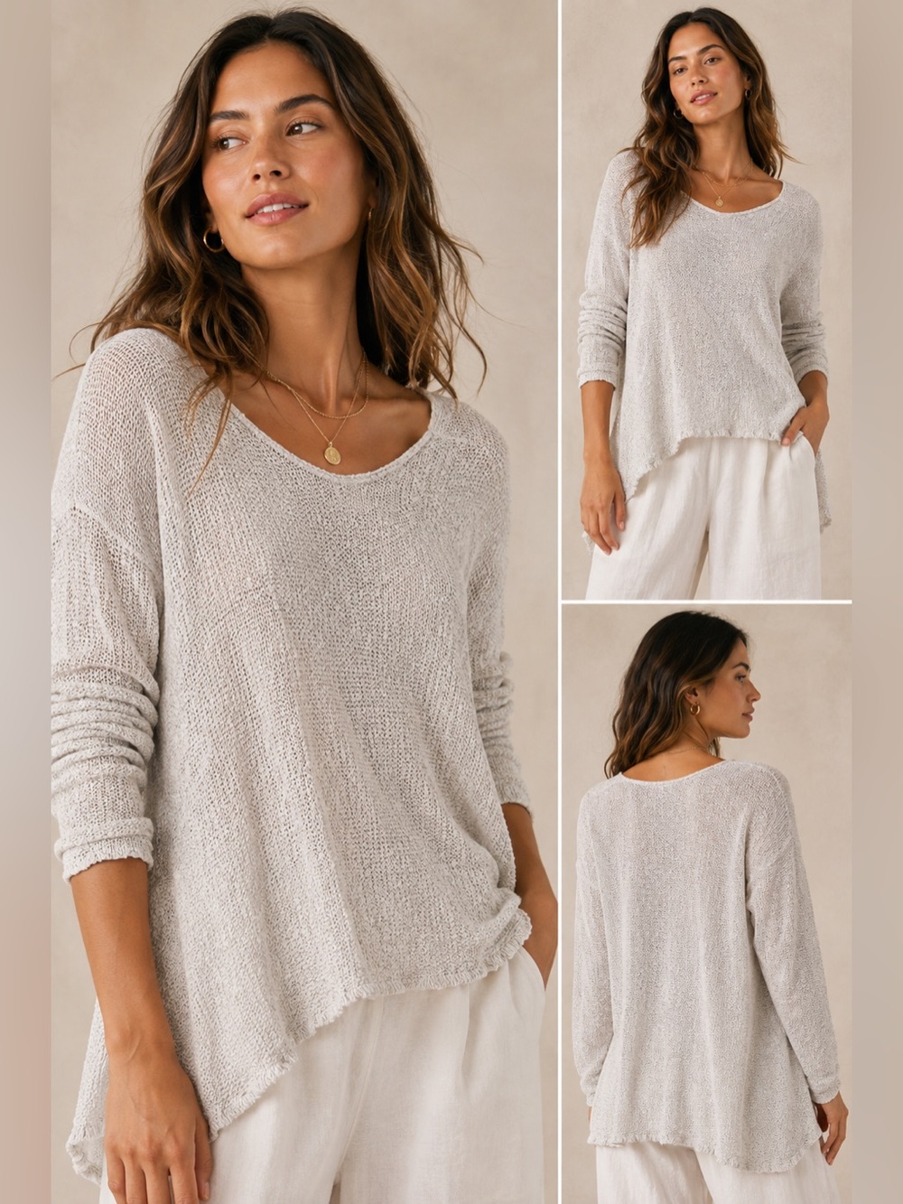 Avalin Lightweight V-Neck Long Sleeve Top - Light Gray
